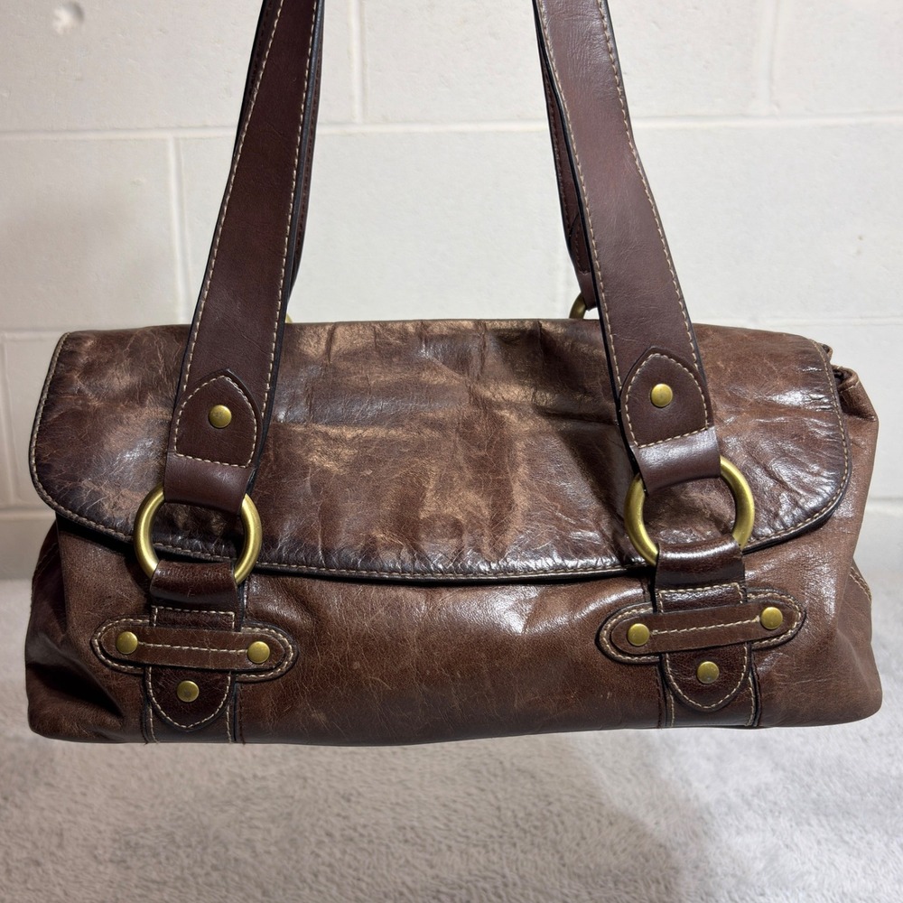Worthington Shoulder Bag Women Medium Brown Leather Distressed Brass Ring Flap